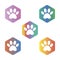 Set vector hexagon shape multicolored icon with the animals. Cat paw icons isolated. animal footprint hexagonal