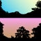 Set of vector hills and mountain landscape silhouette. Realistic trees, woods on hill silhouettes on night and evening