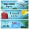 Set of vector horisontal summer travel banners with colored ballon, inflatable ring, plane, bag, sun glasses and palm