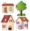 Set of vector houses and tree