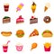 Set of Vector icon illustration of fast food with burger, hot dog, sandwiches