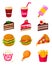 Set of vector icon illustration of fast food with pop corn, ice cream, burger, cola, sandwiches, hamburger, coffee, pizza, French