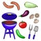 Set of vector icons of barbecue. Illustrations of the grill, sausage, vegetables. Flat design.