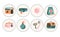 Set of vector icons. Booth, dog collar, ball, bowl of food, vitamins, brushes, combs, food, spray, carrier. Objects