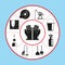 A set of vector icons in the form of a rug diagram on the topic of cleaning the premises. Vector illustration.