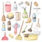 Set of vector icons of house cleaning, washing and freshness. Cartoon bottles of detergent, mops, washcloths, sponges and rags