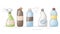 Set of vector icons of house cleaning, washing and freshness. Cartoon bottles with detergent, soap, household chemicals, washing