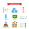 Set of vector icons kids education. Collection of icons for lesson brush, paint, pencil, pen, blackboard, album, pyramid