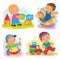 Set of vector icons little boy playing with toys