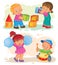 Set of vector icons little children playing with toys