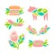 Set of vector icons. Plant based meat concept. Vegan product. Steak, sausages, hamburger, cutlet, minced meat and green