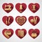 Set of vector icons sewing tools. Gold sewing supplies in a frame in the shape of a red heart