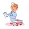 Set vector icons of small child doctor and his toy ambulance