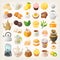 Set of vector icons. Tea cups, kettles and desserts. Tea additives and foods.