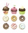 Set of vector illustrated sweets. Donuts and cupcakes.