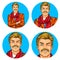 Set of vector illustration, mens pop art round avatars icons