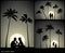 Set of vector illustration with silhouettes of lovers on beach on moonlit night