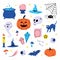 Set vector illustration of trendy cute Halloween trick or treat design elements, such as bat, bones, pumpkins, cats, and more