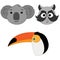 Set of vector illustrations of animal heads. Koala, raccoon, toucan.
