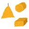 A set of vector illustrations of bales and haystacks. Flat yellow haystacks, round bales of wheat straw