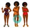 Set of vector illustrations of beautiful black women of large sizes in multi-colored swimsuits and slippers. Set of