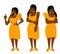 Set of vector illustrations of beautiful black women of large sizes in a yellow bridesmaid dress and sneakers. Set of