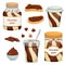 Set of vector illustrations with cans of chocolate paste, sandwiches, chocolate and nuts. Dessert. Sweet snack