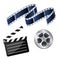 Set of vector illustrations cinema consisting of coil with film, film and clapperboard isolated on white background.