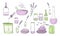 Set of vector illustrations of homeopathy and aromatherapy treatment symbols from lavender plants. Alternative medicine and spa.