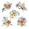 Set of vector illustrations of insect. Ladybug, butterfly, bee, apis, petal, flowers, leaves on the white background. Hand drawn c