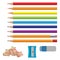 Set of vector illustrations in realistic style sharpened pencils of various lengths with a rubber and without. Colored and various