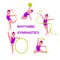 Set of vector illustrations of rhythmic gymnastics. Little girls with gymnastics equipment. Flat cartoon style. Isolated