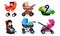 Set Of Vector Illustrations With Six Children Of Different Ages In Various Baby Carriages And Chair