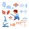 A set of vector illustrations on the topic of studying botany for children. Boy with a magnifying glass, sprouts, types of