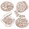 Set of vector illustrations whole pizza and slice, pizza on a wooden board