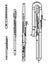 Set of vector images of different types of woodwind instrument drawn by lines
