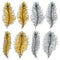 Set of vector images of gold and silver peacock feathers. Isolated objects.