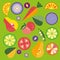 Set of vector images, stylized fruits and vegetables on a green background