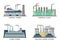 Set of vector industrial flat illustration of different types of power plants. Conception of making energy and pollution