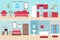 Set of vector interiors with furniture and equipment. Design a living room, kitchen, bathroom, bedroom. Flat style interior,