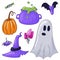 Set of vector isolated Halloween outline stickers. A bright cartoon image of a ghost, witch accessories, a pumpkin and a