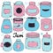 Set of vector jars for jam and preserves of pink and blue flowers in the style of doodle. Jars of various types with lids and