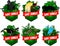 Set of vector jungle rainforest emblems with black panther, Griffon vulture,  channel-billed toucan, Bird of Paradise, parrot