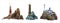 Set of vector lighthouse towers on the different islands. Simple, greek and epic stylish lighthouses. Rocky islands with