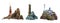 Set of vector lighthouse towers on the different islands. Simple, greek and epic stylish lighthouses. Rocky islands with a