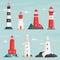 Set of vector lighthouses on islands in flat style. Coastline landscape with beacon. Faros on seashore, lighthouse on the rock in