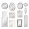 Set of vector mirrors of different models. Reflective mirror surface in silver frame, baby, tabletop, bath mirrors