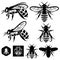 Set of vector monochrome templates with bees of different kinds