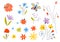 Set of vector multicolored spring flowers. Decorative easter elements in a flat style. Leaves of branches and plants