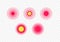 Set of vector pain dot radial icons. Red gradient flat circle ache target isolated on transparent background. Design element